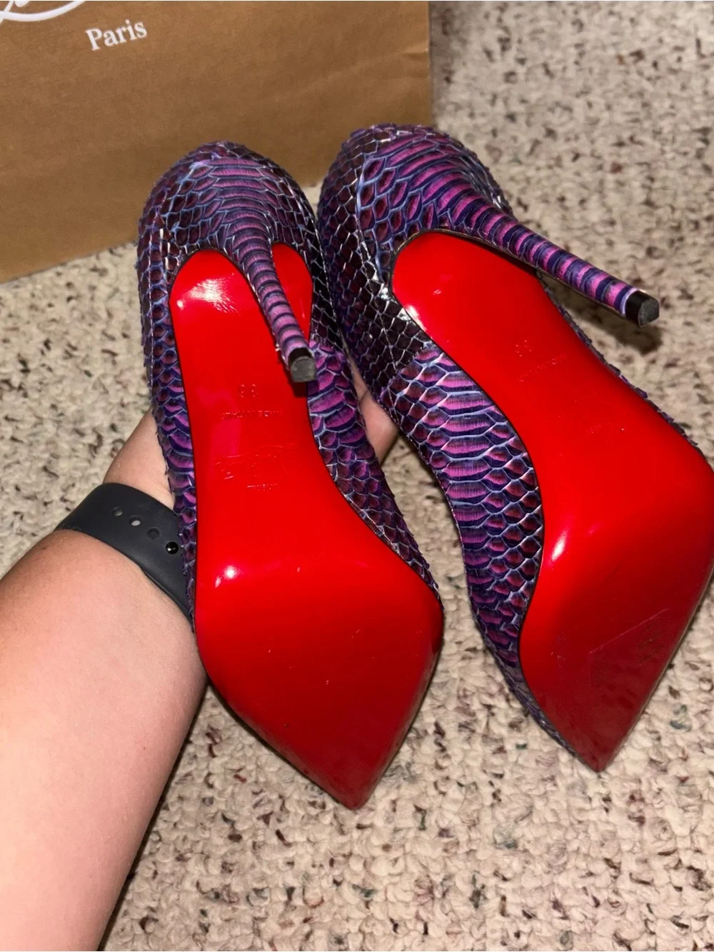 Christian Louboutin Purple Snakeskin Pointed-Toe Pumps with Red Soles